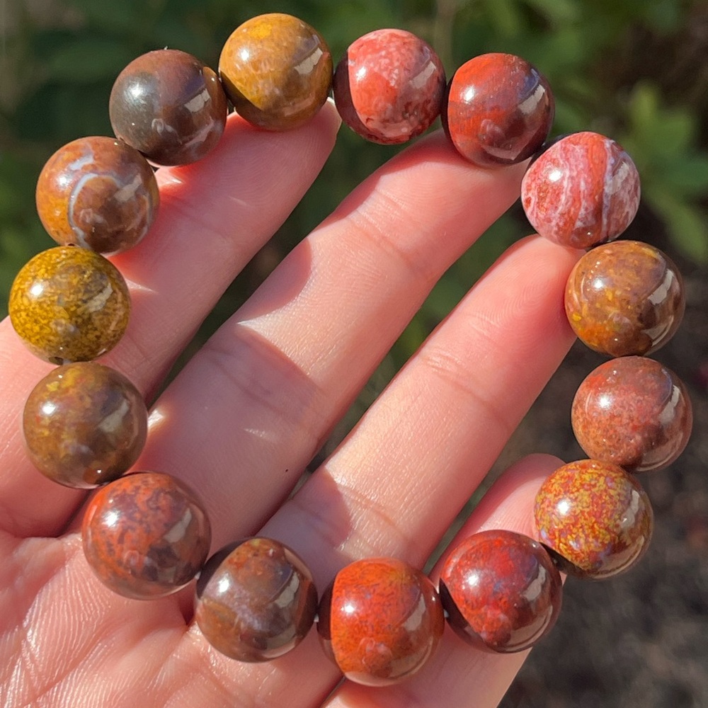14mm stretchable red‎ brown moss agate bracelet
